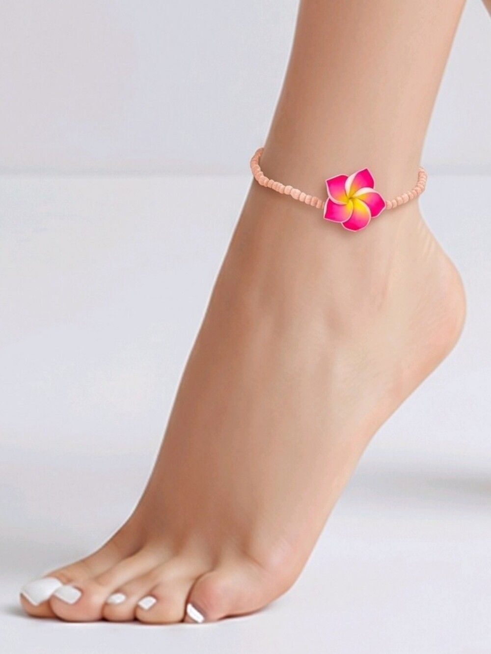 Pink Plumeria Anklet Tropical Flower Beachy Hawaiian Jewelry Island Girl Y2K